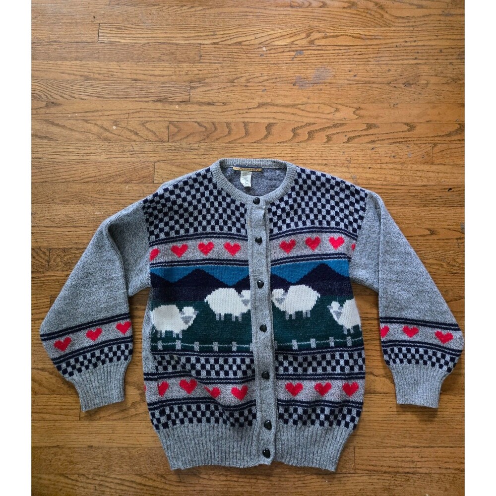 Vtg Bryn Connelly Wool Blend Country Sheep Knit Cardigan Sweater Size Medium - Picture 1 of 6